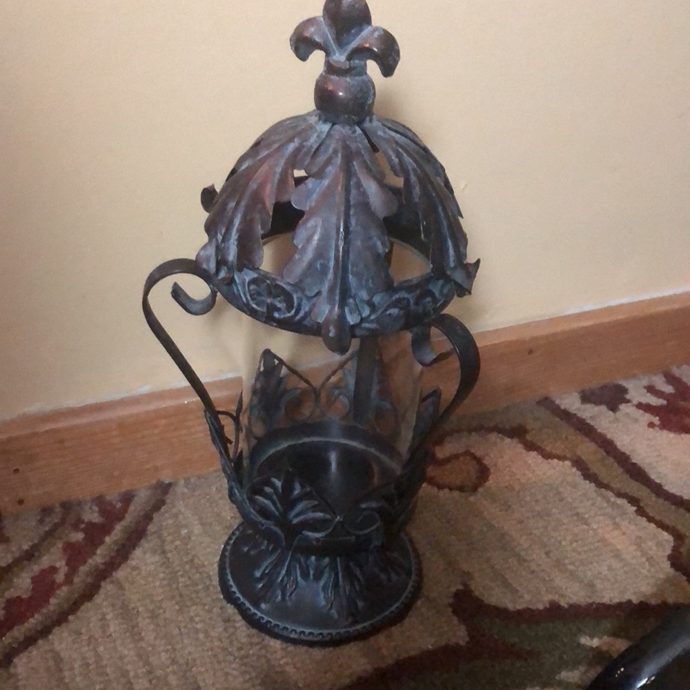 A Hurricane Candle Holder Cylindrical Glass Distressed Bronze Look Decor Holiday